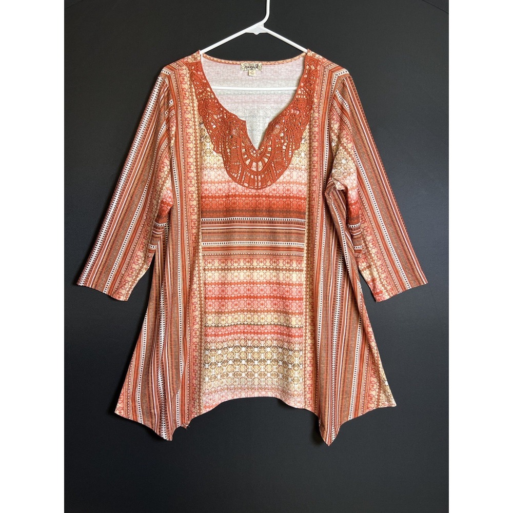 One World Tunic 1X Embellished Orange Stripe Boho Asymmetrical